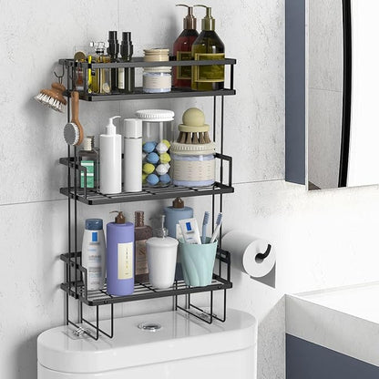 Over The Toilet Storage Shelf, 3-Tier Bathroom Storage Organizer Upgrade Punch-Free Toliet Storage Shelf, Home Storage Rack with Hooks Shelf,Black