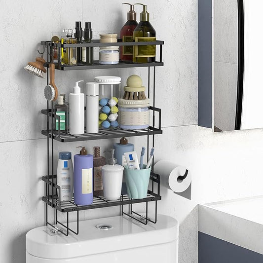 Over The Toilet Storage Shelf, 3-Tier Bathroom Storage Organizer Upgrade Punch-Free Toliet Storage Shelf, Home Storage Rack with Hooks Shelf,Black