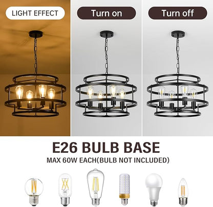 4-Light Black Chandelier for Dining Room, 19.7" Modern Farmhouse Pendant Light with Geometric Metal Frame, Industrial Flush Mount Ceiling Light for Living Room, Bedroom, Kitchen Island, Hallway, Foyer