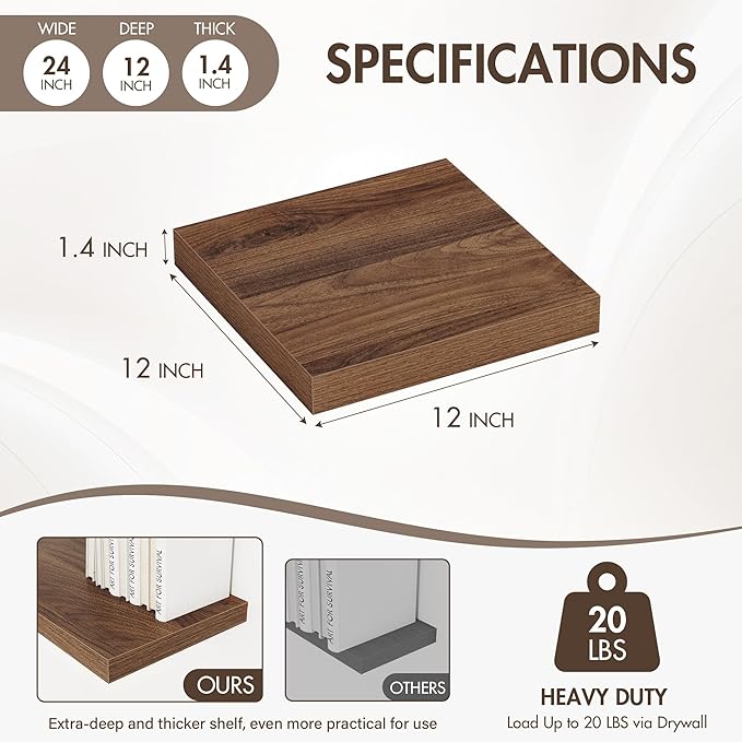 12 Inch Floating Shelves, 12" Deep Floating Shelf Wall Mounted, 12" Wall Shelves, Rustic Deep Bookshelf, Extra Deeper Display Shelves & Storage Shelves for Bedroom, Living Room, Set of 3