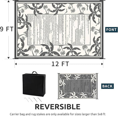 COCOER Outdoor-Rug 9x12 ft Waterproof Outdoor Plastic Straw Rug Reversible RV Indoor Outdoor Carpet Quick Dry Patio Rug Camping Mat for Balcony Backyard Picnic Beach-Grey&Beige