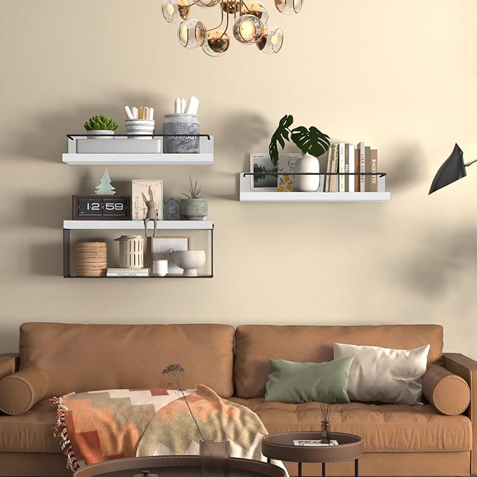 Bathroom Shelves Over Toilet for Wall, Floating Shelves with Storage Basket Paper Holer for Kitchen Living Room, Bedroom & Classroom, Set of 3 (White and Black)