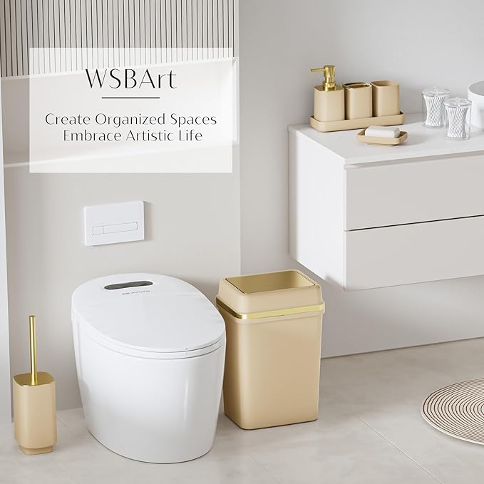 9PCS Bathroom Accessory Set, Beige Bathroom Set with Large-Capacity 4 Gallon Trash Can, Bathroom Accessories Set Complete, Toothbrush Holder, Soap Dispenser, Toilet Brush, Bathroom Decor