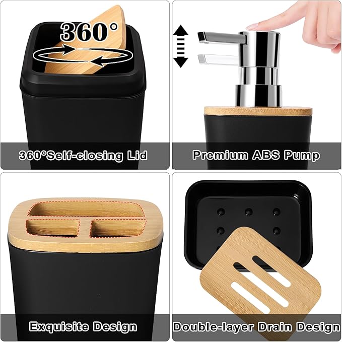Bathroom Set Black Bathroom Trash Can, 9 Piece Bathroom Decor Toothbrush Holder, Cup, Lotion Dispenser, Tray, Soap Dish, Toilet Brush, Qtip Holder