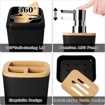 Bathroom Set Black Bathroom Trash Can, 9 Piece Bathroom Decor Toothbrush Holder, Cup, Lotion Dispenser, Tray, Soap Dish, Toilet Brush, Qtip Holder