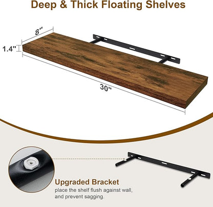 30 Inch Floating Shelves, Rustic Floating Wall Shelves 8 Inch Deep, 30 x 8 Floating Shelves for Home Decor, Deep Storage Shelves for Kitchen, Bathroom, Living Room, Rustic Brown Color, Set of 2