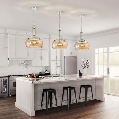 WUZUPS Nickel Chandelier Rustic Farmhouse Industrial Round Ceiling Pendant LED Light Fixture with Amber Glass Shade for Dining Room Kitchen Island Foyer Entryway, H 20.9" W 15.9", E26 Base