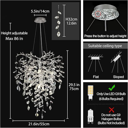 Silver Crystal Tree Branches Chandelier,21 Inchs 6 Lights Modern Round K9 Crystal Chandeliers for Dining Room, Bedroom, Living Room, Foyer,Kitchen Island,Bathroom