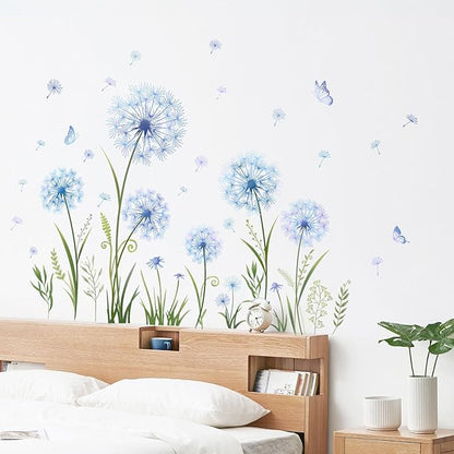 Dandelion Flower Butterfly Wall Decals Blue Dandelion Plants Floral Wall Stickers Peel and Stick Vinyl Wall Art Decor for Living Room Bedroom Office TV Sofa Backdrop Home Decor Gifts for Mom