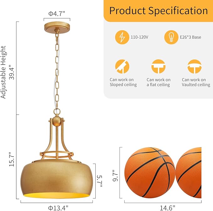 WUZUPS Chandelier Rustic Farmhouse Industrial Round Ceiling Pendant LED Light Fixture with Open Bottom Drum Shade, H 15.7" x W 13.4", Antique Gold