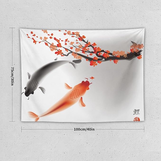 Japanese Koi Fish Tapestry, Cherry Blossoms Asian Oriental Flower Branch Koi Fish Carp Tapestries Wall Hanging for Bedroom Living Room Office Decor 40"x30"