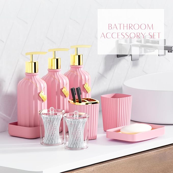 20PC Bathroom Accessory Set Pink Bathroom Accessories Bathroom Set, Shower Curtain Set, 2 Piece Bath Towel Set, 3PC Soap Dispenser, Toilet Brush & Trash Can