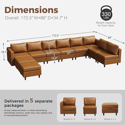Oversized 172.5" Faux Leather Modular Sectional Sofa, Modern Large 10 Seater U Shaped Couch with Storage Seat with Reversible Chaise Deep Seat for Living Room DIY Combination - Brown