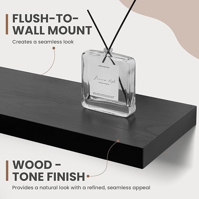 16 Inch Floating Shelves, 8 Inch Deep Floating Shelves for Wall, Hanging Shelf with Invisible Brackets, Deep Shelves for Bathroom, Bedroom, Living Room, Black, Set of 2