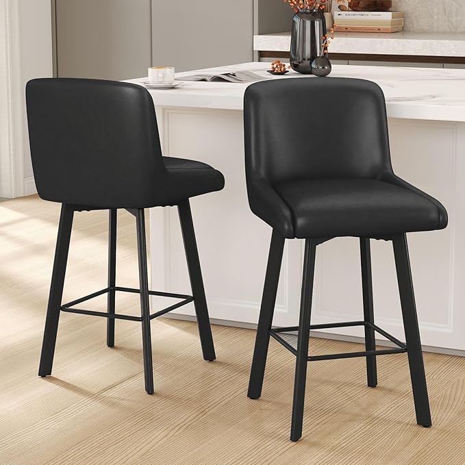 Swivel Bar Stools, 26''H Upholstered Barstools with Backs, Modern Counter Height Bar Stool Chairs for Kitchen Island, Metal Legs (Black- Faux Leather, Set of 4-26" H)