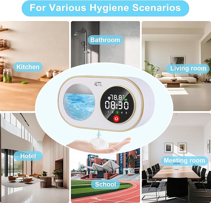 Touchless Automatic Foaming Hand Soap Dispenser Wall Mount,Kitchen Bathroom,Modern Smart Home,USB Type-C Rechargeable,Long Battery Life,Time and Temperature Display,5-Level Adjustable,10.8 oz