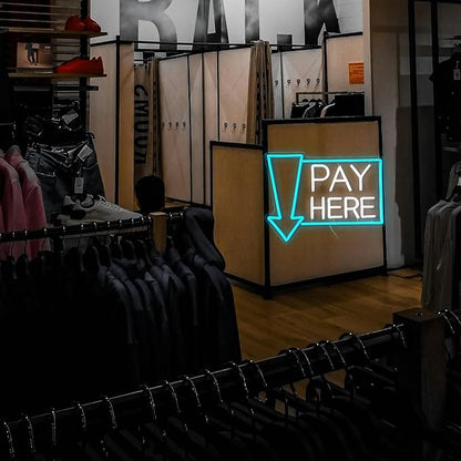 Pay Here Neon Sign Bright Ice Blue White Pay Light Up Sign for Business Decor Dimmable LED Words Neon Light for Restaurant Shop Bar Neon Wall Decor (16.5 * 12.8 In)