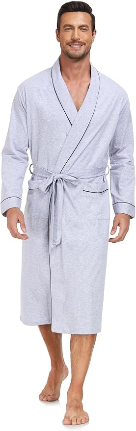 COLORFULLEAF Mens 100% Cotton Robes Lightweight Summer Long Bathrobe Sleepwear Soft Knit Spa Robe with Pockets