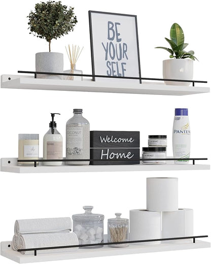 WOPITUES Floating Shelves 24 inch with Gold Metal Guardrail, Shelves for Wall Decor Set of 3, Wall Shelves for Bedroom, Bathroom, Kitchen, Living Room, Plants, Picture Frames, Art- Black and White