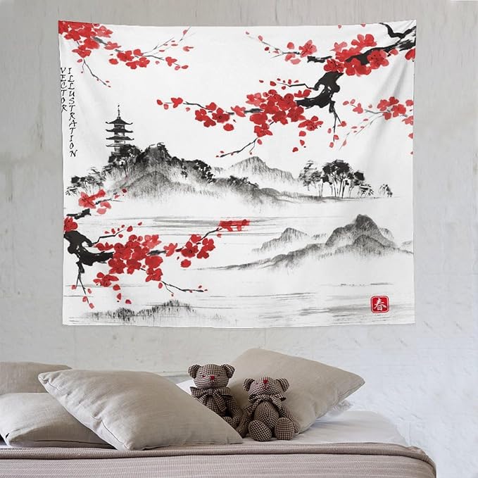 Cherry Blossoms Tapestry, Japanese Fuji Mountain Tapestry, Asian Japanese Wall Tapestry, Nature Landscape Tapestries for Bedroom Living Room Decor 60"x50"