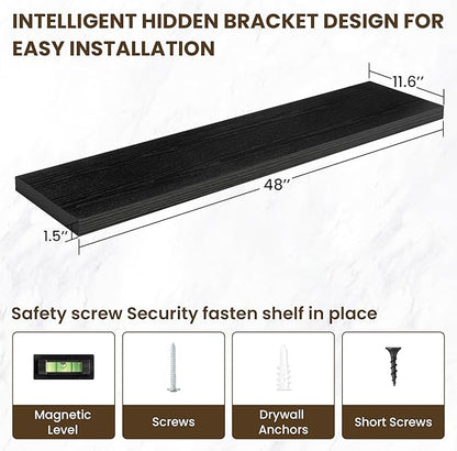 48 Inch Floating Shelves, 12 Inch Deep Floating Shelves for Wall, Floating Shelf with Invisible Brackets, Deep Shelves for Bathroom, Bedroom, Living Room, 1 Pack, Black
