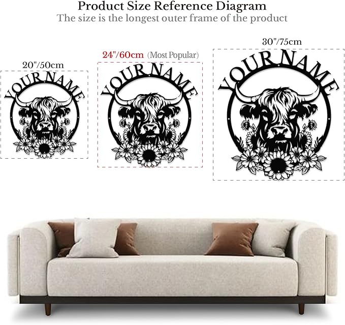Personalized Highland Cow Name metal Signs,Custom Highland Cow Metal Shed Wall Decor,Black Metal Wall Art Plaques Outdoor wall Decorative Signage (Style H)