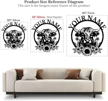 Personalized Highland Cow Name metal Signs,Custom Highland Cow Metal Shed Wall Decor,Black Metal Wall Art Plaques Outdoor wall Decorative Signage (Style H)