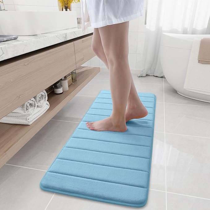 Buganda Memory Foam Bath Mat, 47" x 17", Ultra Soft and Non-Slip Bathroom Rugs, Water Absorbent and Machine Washable Bath Rug Runner for Bathroom, Shower, and Tub, Blue