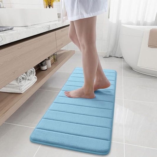 Buganda Memory Foam Bath Mat, 47" x 17", Ultra Soft and Non-Slip Bathroom Rugs, Water Absorbent and Machine Washable Bath Rug Runner for Bathroom, Shower, and Tub, Blue