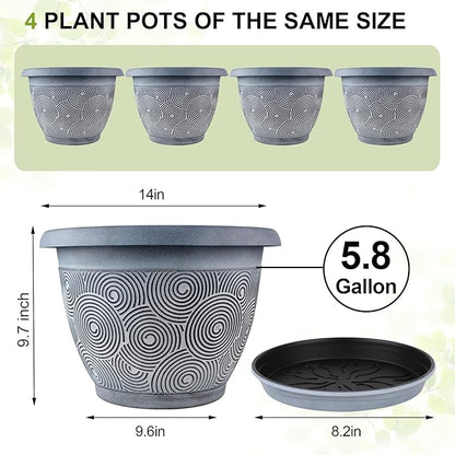 14 Inch Large Planter Pot for Plants Indoor Outdoor, 4 Pack Plastic Flower Pots with Drainage Hole & Tray, Modern Decorative Garden Pot with Saucer, Plant Container for House