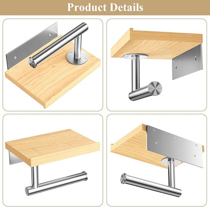 Tindbea Toilet Paper Holder with Wood Shelf, Wooden Wall Mount Tissue Paper Roll Holder, Brushed Nickel Stainless Steel Bathroom Accessories Decor for Home (Maple, Brushed Nickel)
