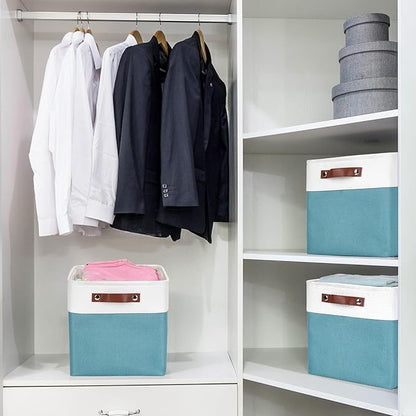 Collapsible Fabric Storage Cubes 11x11 Cube Storage Bins, 4 Pack Closet Baskets Box with Handles for Organizing, Shelf, Toys, Clothes, Home, Office, Nursery (Teal&White)