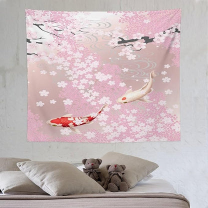 Houselerax Japanese Koi Fish Tapestry, Cherry Blossoms Asian Oriental Pink Flower Branch Koi Fish Carp Tapestries Wall Hanging for Bedroom Living Room Office Decor 60"x50"
