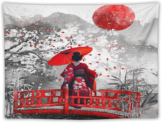 Japanese Red Geisha Tapestry Asian Cherry Blossom Red Sun Traditional Kimono Folk Tapestries Home Decor for Living Room Bedroom Apartment Farmhouse Dorm 60"x40"