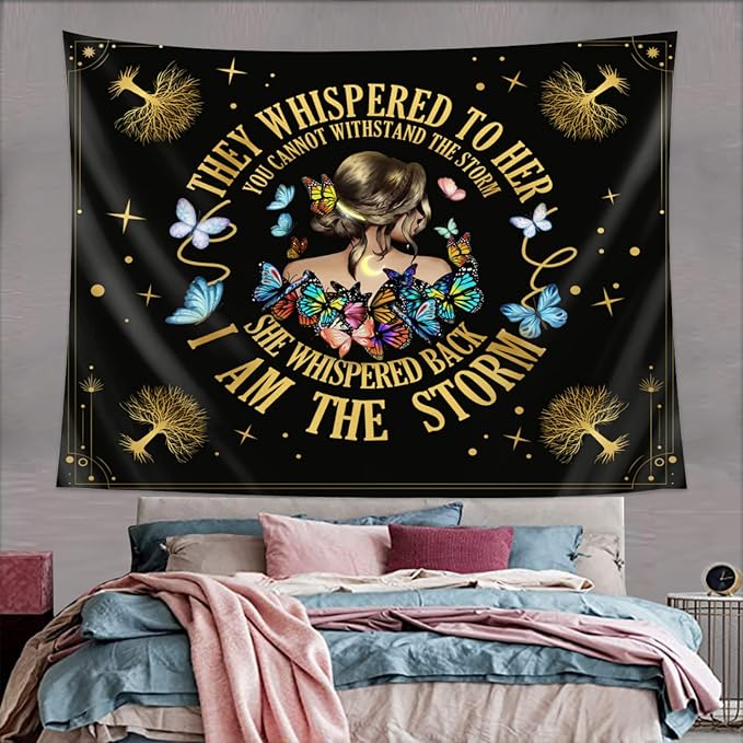 Inspirational Quote Tapestry Positive Motivational Uplifting Encouragement Gifts for Women Teens Girls,Inspirational Gift Wall Decor for Bedroom,They Whispered to Her You Cannot Withstand The Storm