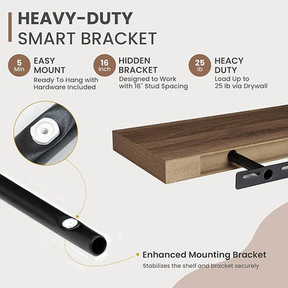 16 Inch Floating Shelves, 8 Inch Deep Floating Shelves for Wall, Hanging Shelf with Invisible Brackets, Deep Shelves for Bathroom, Bedroom, Living Room, Walnut, Set of 2