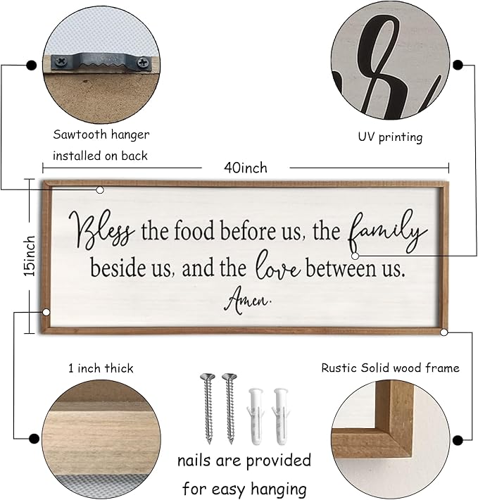 Bless the Food Before Us Sign Wall Decor 40"X15" Large Farmhouse Dining Room Wall Decor Framed Wood Rustic Home Wall Art Kitchen Hanging Decoration (Wood White)