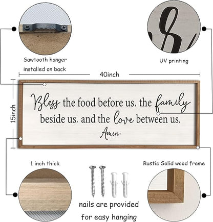 Bless the Food Before Us Sign Wall Decor 40"X15" Large Farmhouse Dining Room Wall Decor Framed Wood Rustic Home Wall Art Kitchen Hanging Decoration (Wood White)