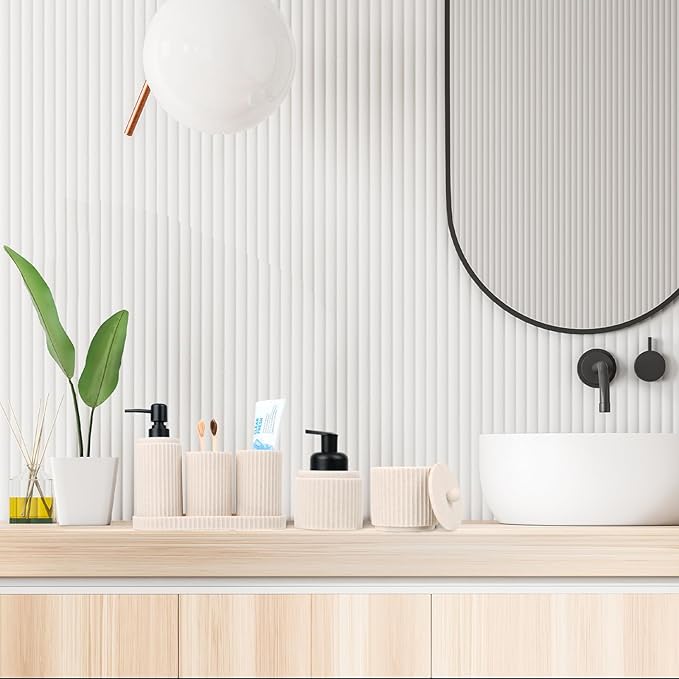 Beige Bathroom Accessory Set - 6 Pcs: Toothbrush Holder, Lotion & Foaming Soap Dispensers, Qtip Holder, Vanity Tray, Bathroom Tumbler - Countertop Organizer