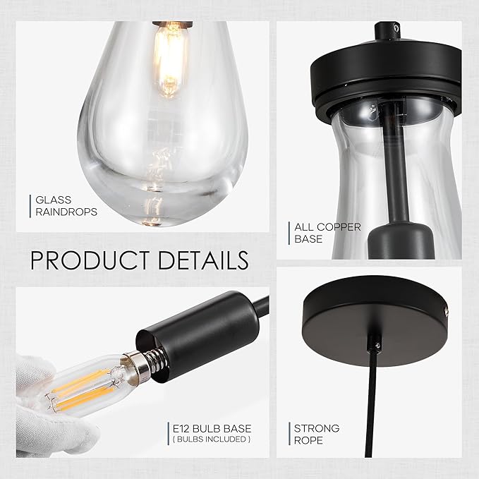 Raindrop Pendant Light Fixtures Set of 3, Black Glass Pendant Lighting, Hand BlownTeardrops Modern Hanging Light for Entryway Foyer Kitchen Island Dining Living Room Hallway