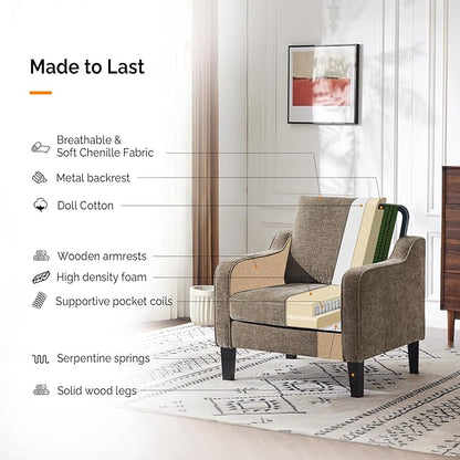 VINGLI Accent Chair for Living Room Chairs Light Brown Reading Chair for Bedroom Scooped Arm Chair Mid Century Modern Accent Chairs Upholstered Comfy Chair for Apartment, Waiting Room