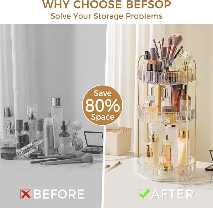 360° Rotating Makeup Organizer, Upgraded 3 Tier Skincare Perfume Organizers for Women, Bathroom Organizer Countertop, Clear Cosmetic Dresser Organizer with Makeup Brush Holder, Sink&Counte (Clear)