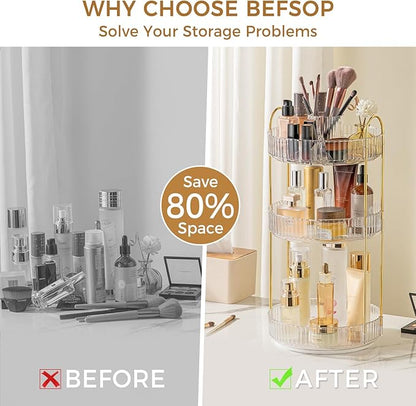 360° Rotating Makeup Organizer, Upgraded 3 Tier Skincare Perfume Organizers for Women, Bathroom Organizer Countertop, Clear Cosmetic Dresser Organizer with Makeup Brush Holder, Sink&Counte (Clear)