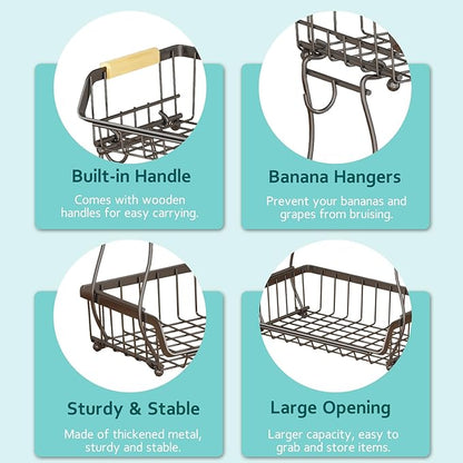 2 Tier Fruit Basket with 2 Banana Hangers, Detachable Countertop Fruit Bowls for Kitchen Counter, Metal Wire Fruit Vegetable Storage Holder Stand with Wooden Handles for Bread, Snacks, Veggies