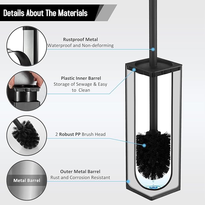 Square Toilet Brush with Holder,Stainless Steel Toilet Bowl Brush and Holder for Bathroom,2PACK