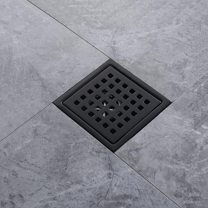 4" Matte Black Shower Floor Drain Square for Bathroom Kitchen Removable Grill Plate Cover with Flange Kit, Sus304 Stainless Steel Finish