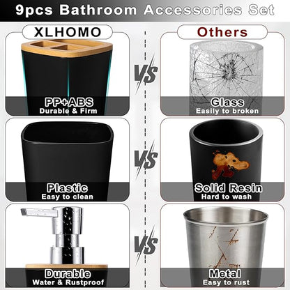 Bathroom Set Black Bathroom Trash Can, 9 Piece Bathroom Decor Toothbrush Holder, Cup, Lotion Dispenser, Tray, Soap Dish, Toilet Brush, Qtip Holder
