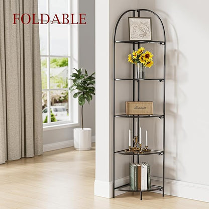 Crofy Foldable 5 Tier Corner Shelf, Metal Corner Plant Stand with Black Frame and Transparent Shelves, Corner Display Rack Multipurpose Shelving Unit for Living Room, Bedroom, Bathroom