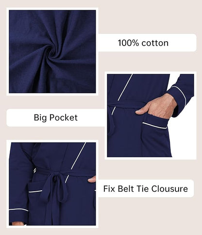 COLORFULLEAF Mens 100% Cotton Robes Lightweight Summer Long Bathrobe Sleepwear Soft Knit Spa Robe with Pockets