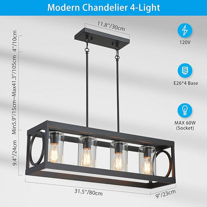 XINGQI Black Kitchen Island Light Fixtures Over Table, 31.5" Rectangular Linear Chandeliers Farmhouse Dining Room Pendant Ceiling 4-Light with Glass Lampshade for Living Room Bar Office